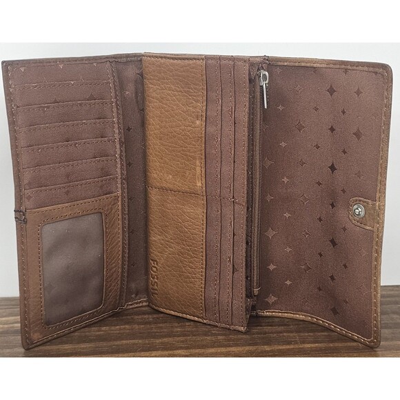 Fossil Vintage Maddox Marlow Leather Flap Clutch Wallet Chestnut Brown Trifold - Picture 5 of 14